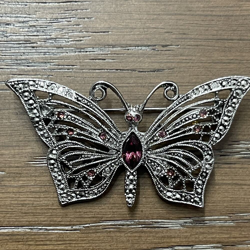 Vintage LIA Silver Marcasite Butterfly Pin Brooch Rhinestone Amethyst Boho Fairy